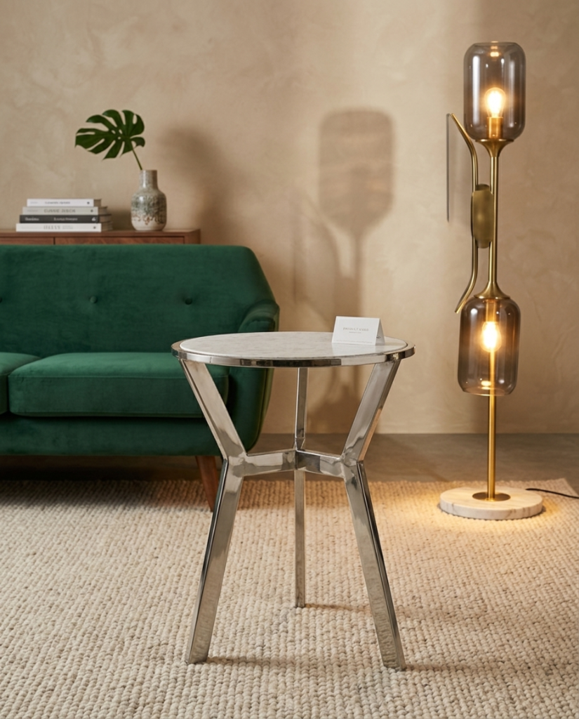 SILVER SIDE TABLE WHITE MARBLE TOP